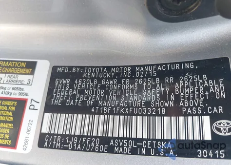 2015 Toyota Camry Se from USA, damaged, VIN 4T1BF1FKXFU033218